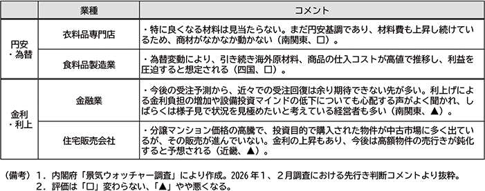コラム４図表１　先行き判断における「円安・為替」、「金利・利上」に係る主なコメント