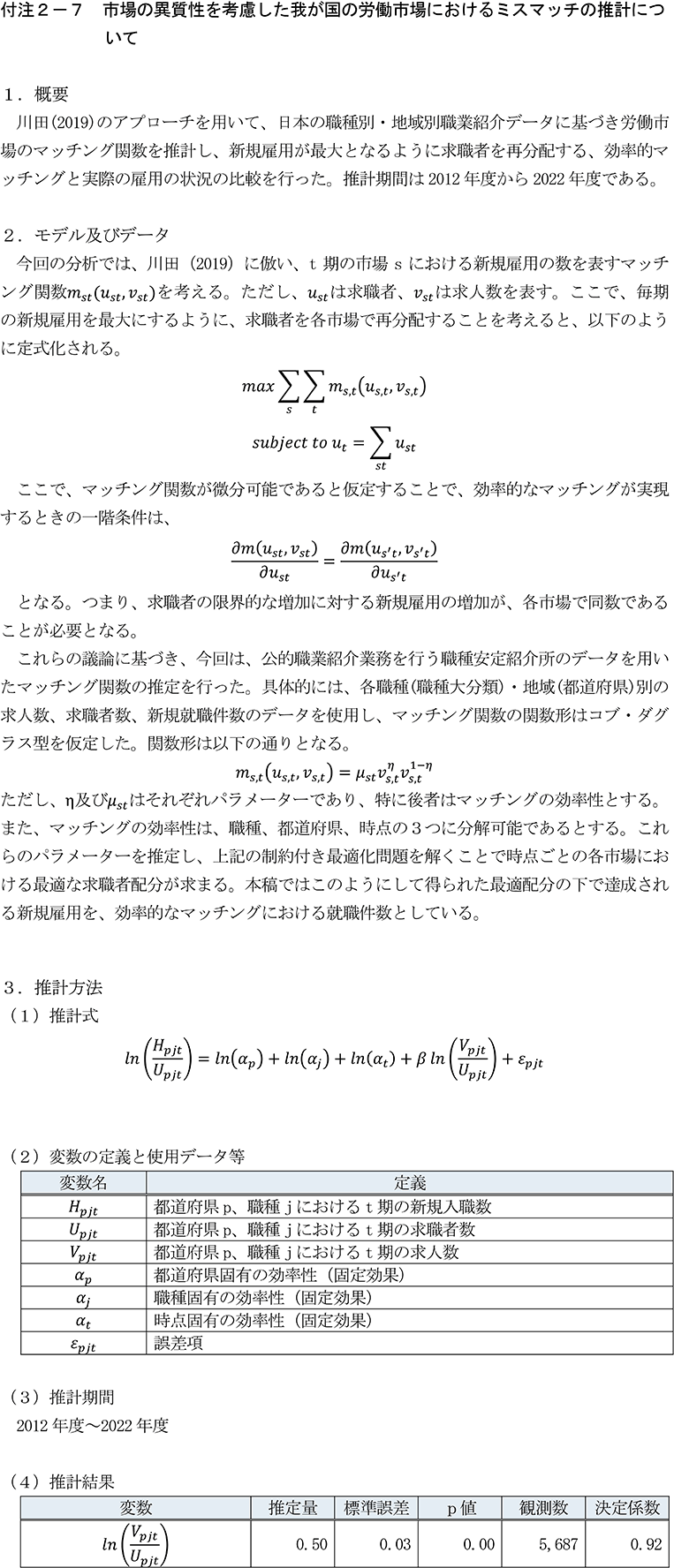 付注2-7　市場の異質性を考慮した我が国の労働市場におけるミスマッチの推計について