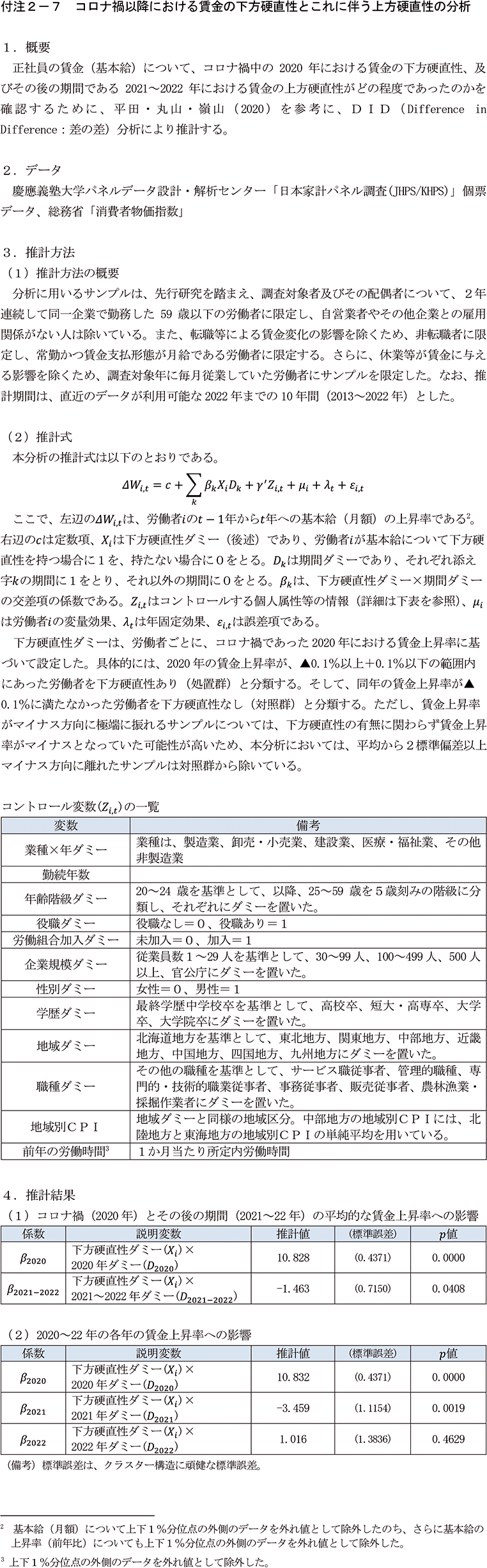 付注2-7　コロナ禍以降における賃金の下方硬直性とこれに伴う上方硬直性の分析